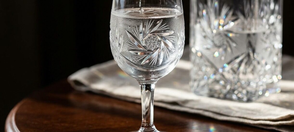 kieliszki do wódki, kryształowe kieliszki, serwowanie alkoholu, kryształ 24% PbO, Mrożony Listek, eleganckie szkło, etykieta stołu